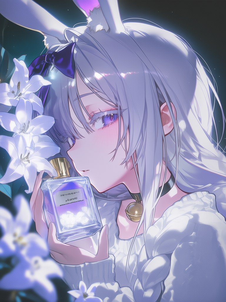 Anima 在天玑 9400 上生成的 768×1024 插画：白色调、兔耳少女与百合花